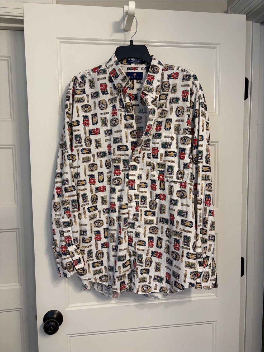 bill blass White Button-Down Shirt with Red, Blue, Green and Brown Motifs